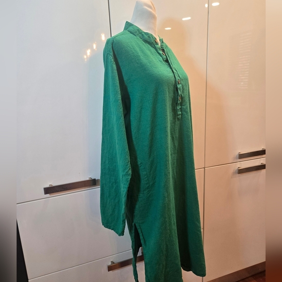 Cotton Textured 1/2 Button Down Midi Slit Tunic Dress Green Womens Size Large - Picture 4 of 9